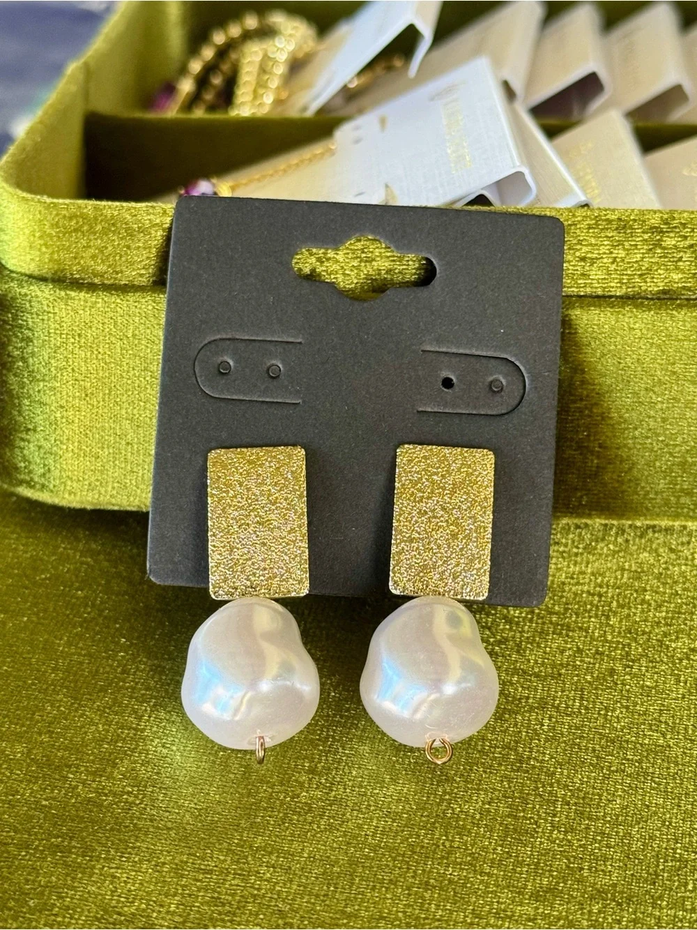 Gold Pearl Drop Earrings Rectangles & Large Faux Pearls Dangle Earrings